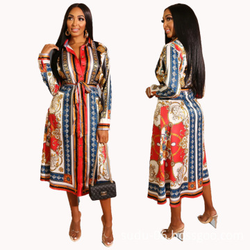 Women's Casual African Long Sleeve Buttons Open Front Belted Long Blouse Shirts Dress Loose Outwear Africa Clothing